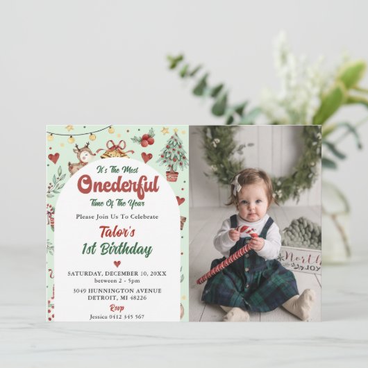 Kerst Rendier Onederful 1e Verjaardag Foto Kaart (Staand voorkant)