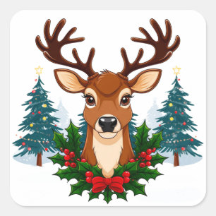Kerst Rendier Portret Met Hulst Krans Vierkante Sticker