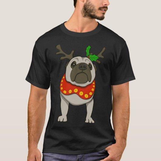 Kerst Rendier Pug Klassiek 883 T-shirt (Voorkant)