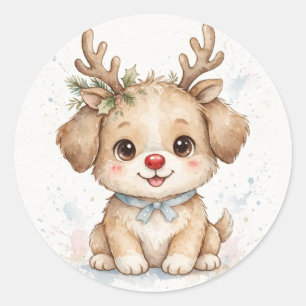 Kerst Rendier Puppy Rode Neus Ronde Sticker