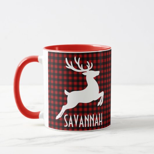 Kerst Rendier Rood & Zwart Geplaagd Custom Name Mok (Links)