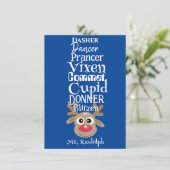 Kerst rendier Rudolph Fun Schattige Blauw Feestdagenkaart (Staand voorkant)