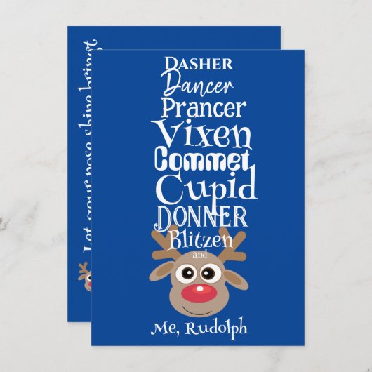 Kerst rendier Rudolph Fun Schattige Blauw Feestdagenkaart (Voorkant / Achterkant)