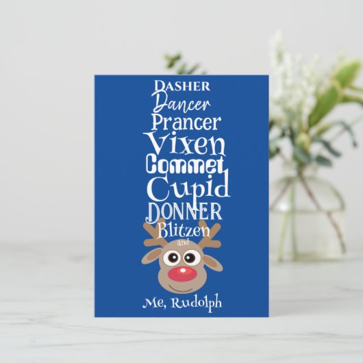 Kerst rendier Rudolph Fun Schattige Blauw Feestdagenkaart (Staand voorkant)