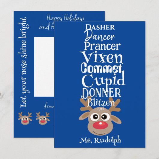 Kerst rendier Rudolph Fun Schattige Blauw Feestdagenkaart (Voorkant / Achterkant)