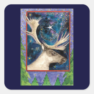 Kerst Rendier 's Nachts met een Schitterende Ster Vierkante Sticker