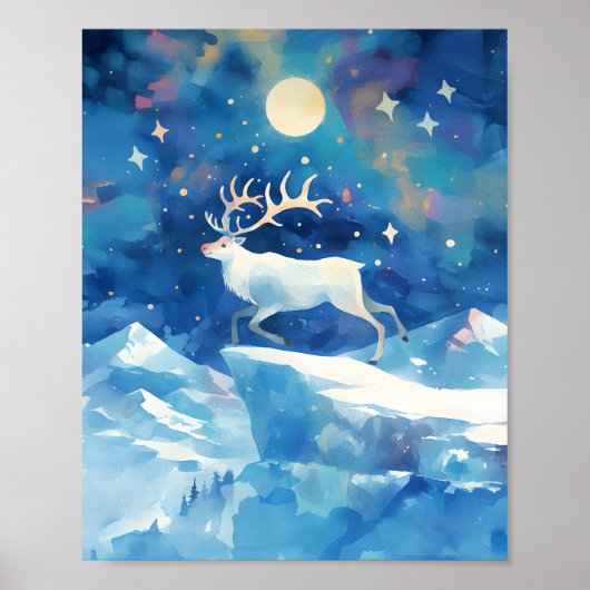 Kerst Rendier Sneeuw Aquarel Schilderkunst Kunst Poster (Voorkant)