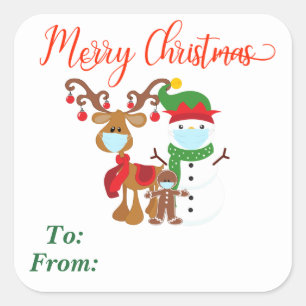 Kerst rendier sneeuwman gezichtsmasker cadeau 2020 vierkante sticker