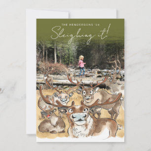 Kerst Rendier vakantie fotokaart Olijfgroen Feestdagenkaart