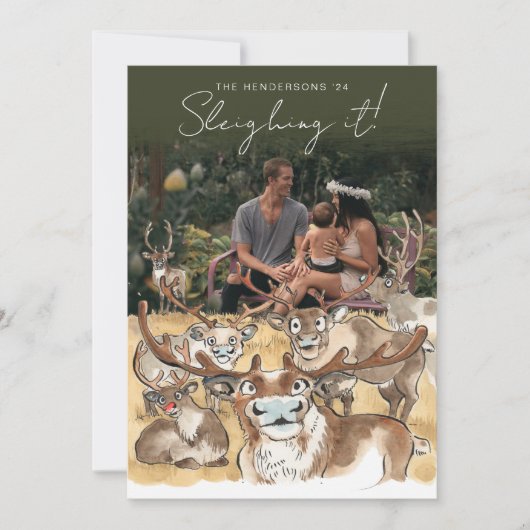 Kerst rendier vakantiefotokaart bosgroen feestdagenkaart (Voorkant)