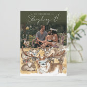 Kerst rendier vakantiefotokaart bosgroen feestdagenkaart (Staand voorkant)