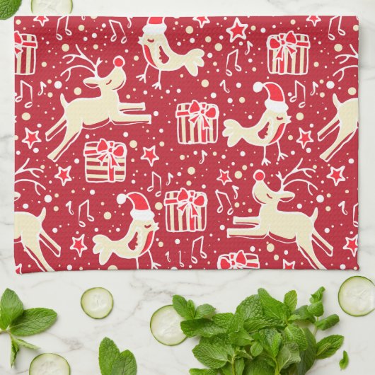 Kerst rendier vogel patroon rode keuken handdoek (Gevouwen)