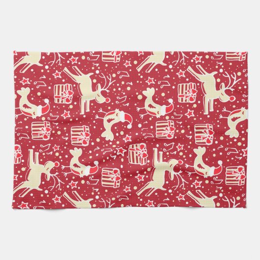 Kerst rendier vogel patroon rode keuken handdoek (Horizontaal)