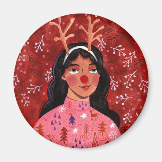 Kerst rendier vrouw rood magneet (Voorkant)