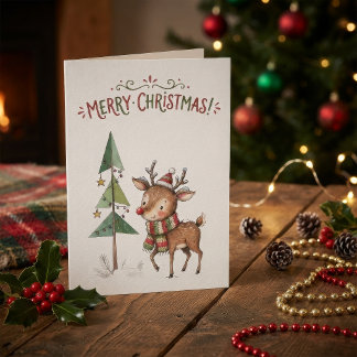 Kerst Rendier Watercolor Cute VintageWoodland Kaart