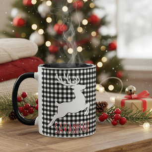 Kerst Rendier Zwart & Wit Geplaagd Custom Name Mok