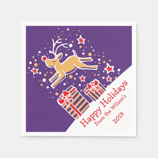 Kerst rendieren paarse rood geel papier servetten (Voorkant)
