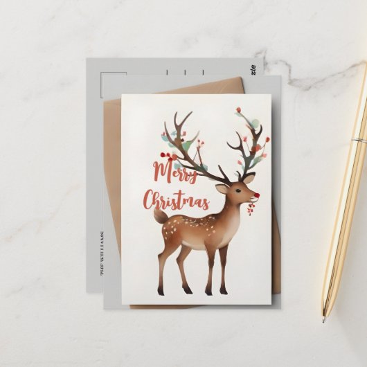 Kerst rendieren Waterverf Briefkaart (Voorkant / Achterkant in situ)
