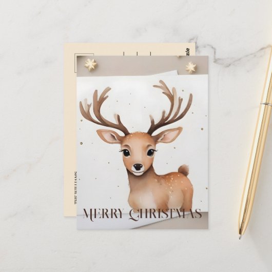 Kerst rendieren Waterverf Briefkaart (Voorkant / Achterkant in situ)