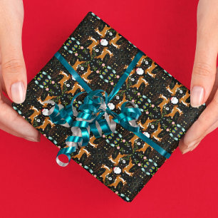 Kerst Rendieren Zwartrond Patroon Cadeaupapier