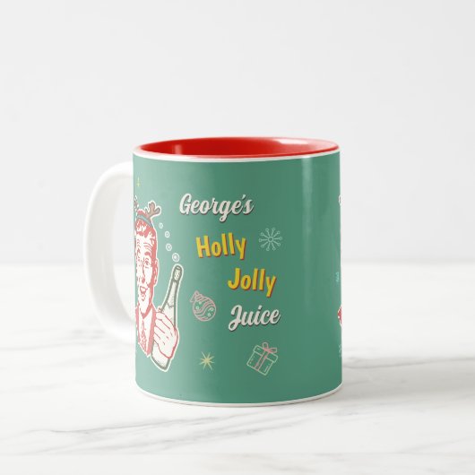 Kerst Retro 50s Holly Jolly Juice Grappig Custom Tweekleurige Koffiemok (Voorkant links)