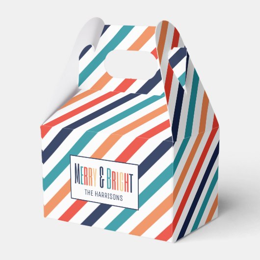 Kerst Retro Kleurrijke Strepen Merry & Bright Bedankdoosjes (Voorkant Zijde)