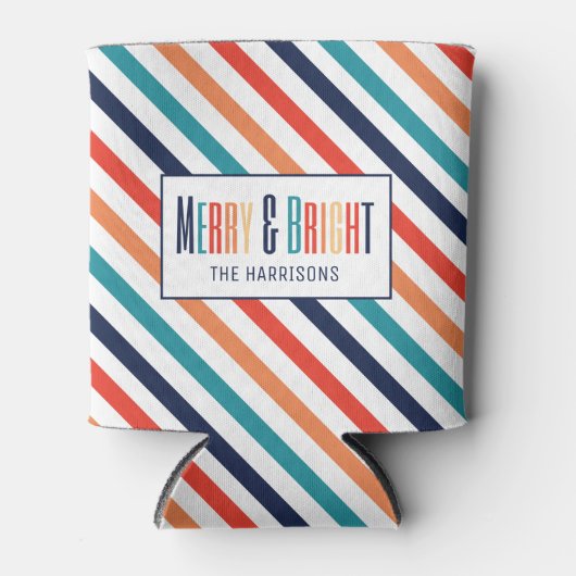 Kerst Retro Kleurrijke Strepen Merry & Bright Blikjeskoeler (Voorkant)