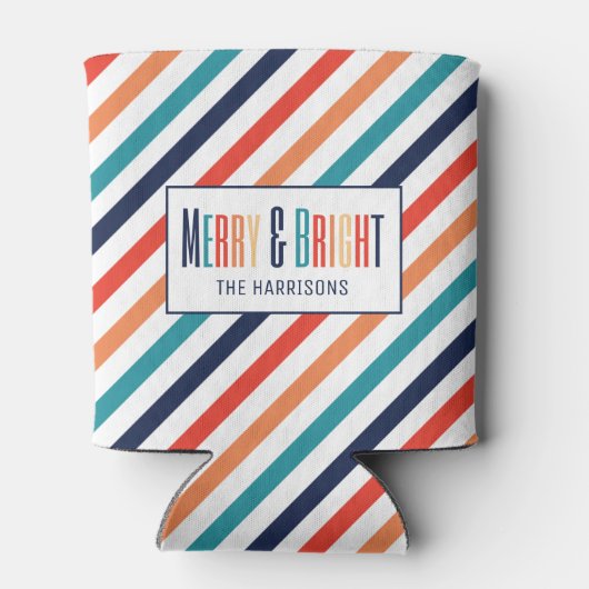 Kerst Retro Kleurrijke Strepen Merry & Bright Blikjeskoeler (Achterkant)