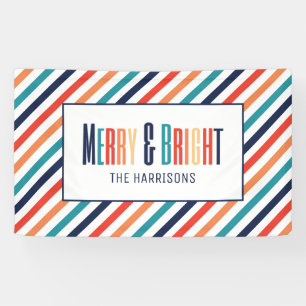 Kerst Retro Kleurrijke Strepen Merry & Bright Spandoek