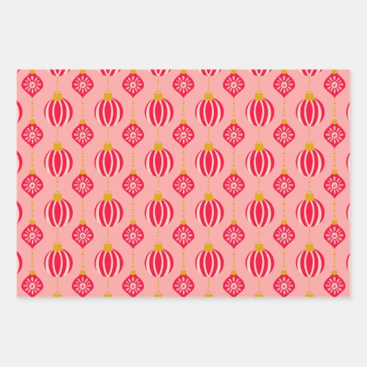 Kerst Retro Ornamenten Roze Rood en Groen Inpakpapier Vel (Voorkant 3)