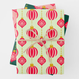 Kerst Retro Ornamenten Roze Rood en Groen Inpakpapier Vel