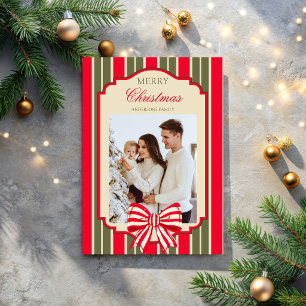 Kerst retro rood groene strepen met strik foto feestdagenkaart