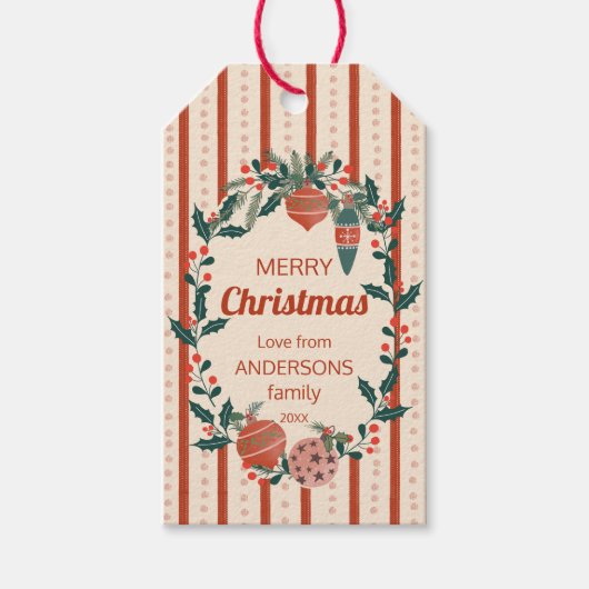 Kerst retro strepen grand millennial gewoonte cadeaulabel (Voorkant)