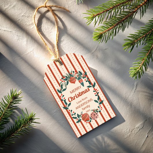 Kerst retro strepen grand millennial gewoonte cadeaulabel