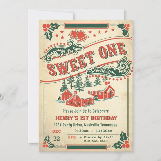 Kerst Retro  Sweet One Verjaardagsfeest Kaart (Voorkant)
