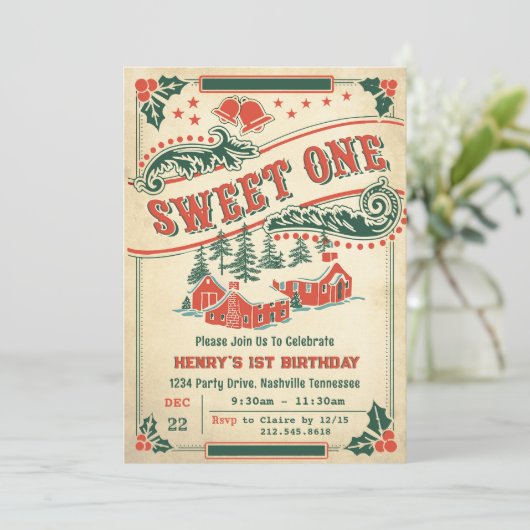 Kerst Retro  Sweet One Verjaardagsfeest Kaart (Staand voorkant)