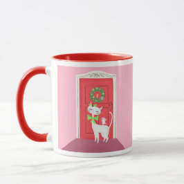 Kerst Retro Witte Kat en Muis Roze Mok