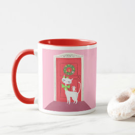 Kerst Retro Witte Kat en Muis Roze Mok