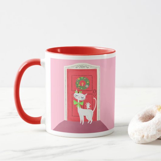 Kerst Retro Witte Kat en Muis Roze Mok (Met donut)