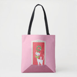 Kerst Retro Witte Kat en Muis Roze Tote Bag