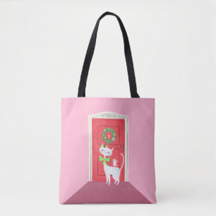 Kerst Retro Witte Kat en Muis Roze Tote Bag