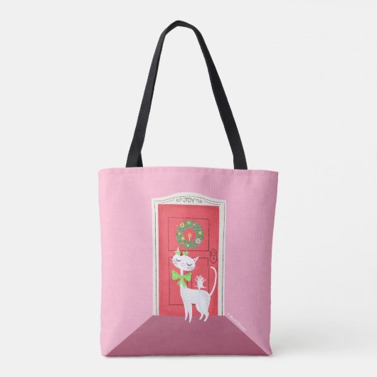 Kerst Retro Witte Kat en Muis Roze Tote Bag (Achterkant)
