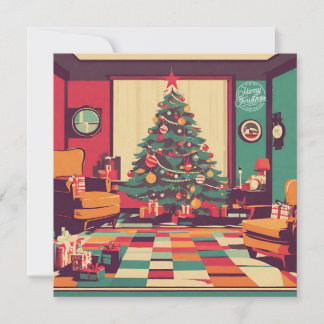 Kerst Retro Woonkamer met Kerstboom Feestdagenkaart