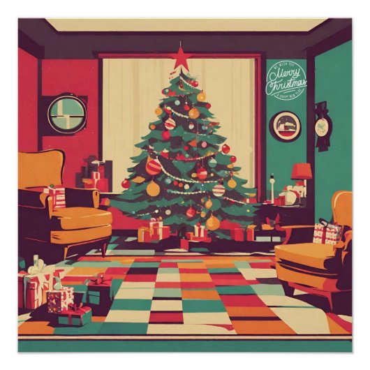 Kerst Retro woonkamer met kerstboom Perfect Poster (Voorkant)