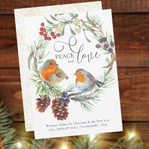 Kerst Robin Mistletoe Dennenkrans Vrede & Liefde Feestdagenkaart