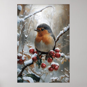 Kerst Robin Print, Vintage Winter Vogel Kunst Poster