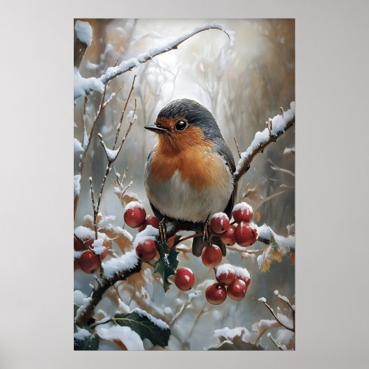 Kerst Robin Print, Vintage Winter Vogel Kunst Poster (Voorkant)