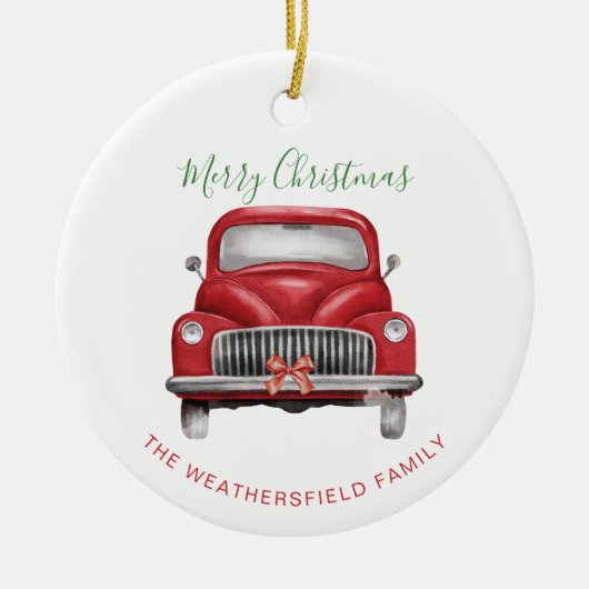 Kerst rode auto script elegante vakantie keramisch ornament (Voorkant)