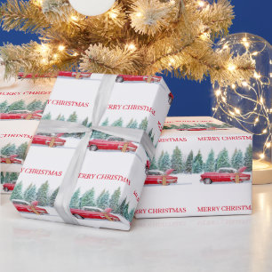 Kerst rode auto sneeuwlandschap cadeaupapier