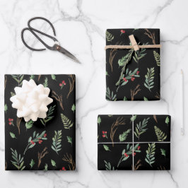 Kerst Rode Berry Botanische Waterverf Zwart Inpakpapier Vel